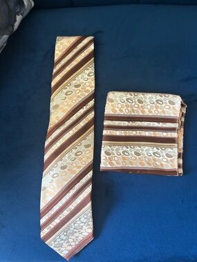 Men's Striped Brown and Cream Tie with Matching Pocket Square